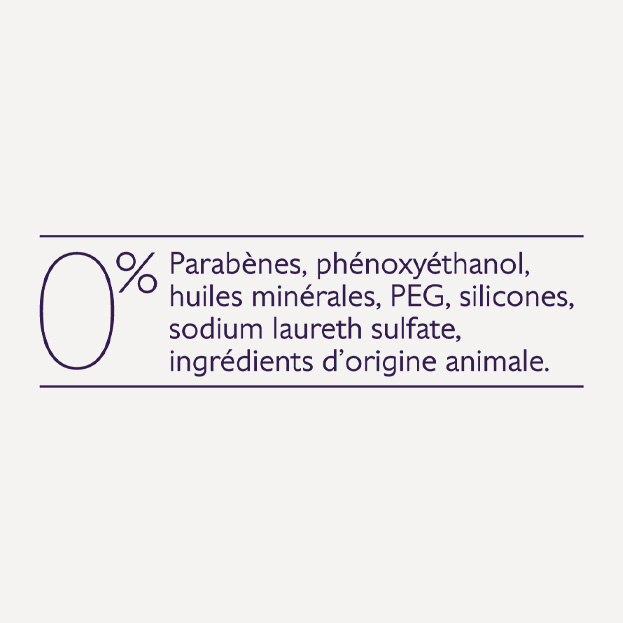 Text indicating the absence of parabens, phenoxyethanol, mineral oils, PEG, silicones, sodium laureth sulfate, and animal-derived ingredients.