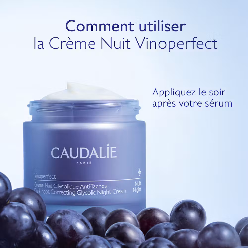 Mode d'emploi ou d'utilisation de la Crème Nuit Vinoperfect Caudalie – appliquer le soir après le Sérum Vinoperfect