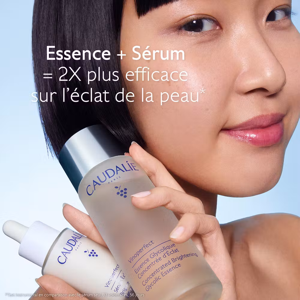 Duo Essence + Sérum Vinoperfect Caudalie – 2X plus efficace sur l'éclat de la peau selon test instrumental, 33 volontaires, 56 jours